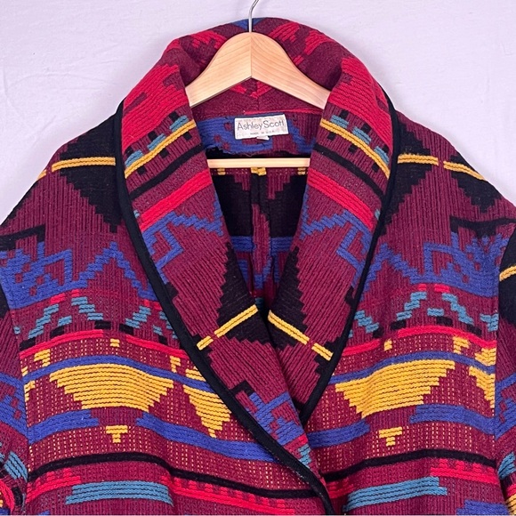 Vintage Wool Sweater Coat Aztec Southwestern Womens XL Woven Blanket Western - Picture 2 of 7